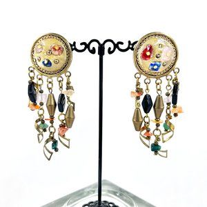 NWOT - BOHO Artisan Natural Stone & Antiqued Gold Tone Dangle Clip-On Earrings